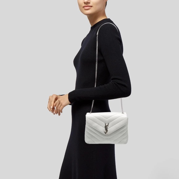 🤍Very Rare!!! YSL SAINT LAURENT LouLou Calfskin Y Quilted Monogram Ivory/Silver - Picture 12 of 17